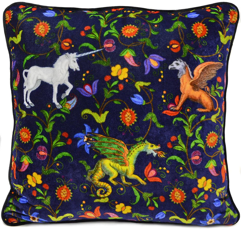 unicorn cushion, pillow, silk velvet, griffon, gryphon, dragon, printed pillow