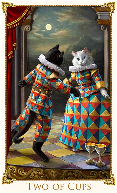 Two of Cups card from the new Bohemian Cats Tarot, a cat tarot deck