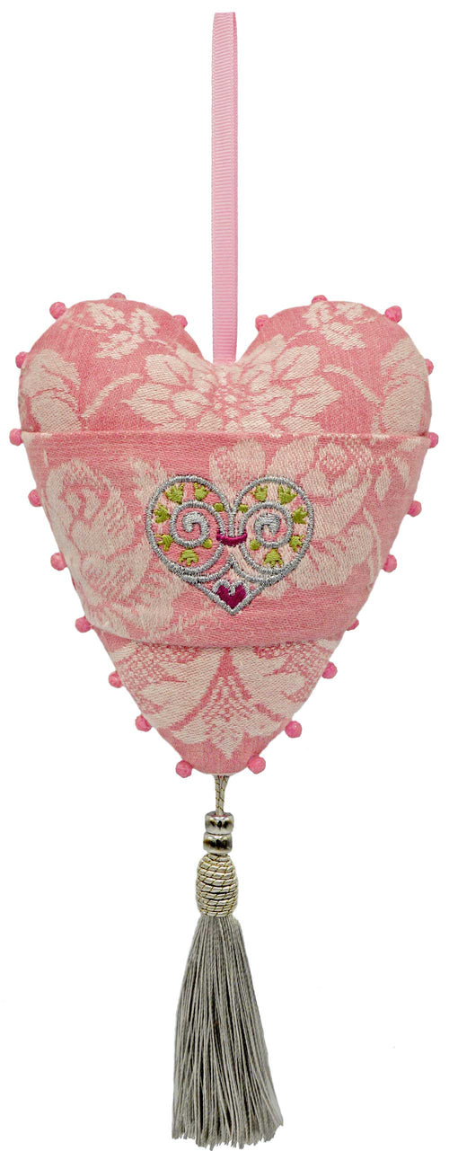 Love heart charm on vintage brocade silk, fabric stuffed heart charm