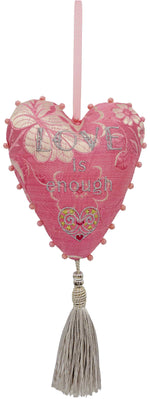 Pink floral brocade silk heart charm, love heart decoration, hanging ornament