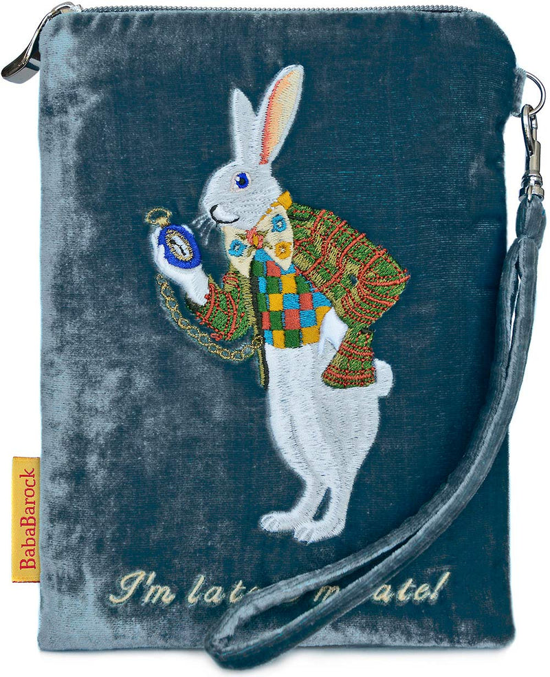 White Rabbit wristlet in blue teal silk velvet, zip-top embroidered bag from The Alice Tarot. Limited edition tarot bag with strap by Baba Studio/ BabaBarock.