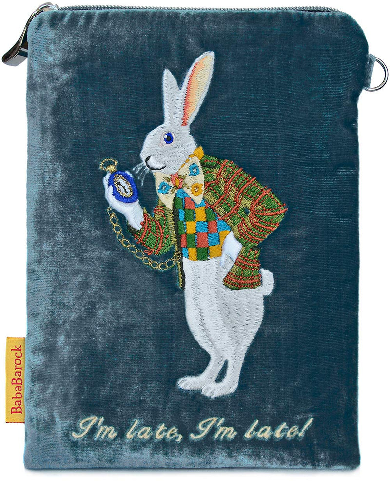 Embroidered bag - The White Rabbit from The Alice Tarot, silk velvet wristlet bag by Baba Studio / BabaBarock.