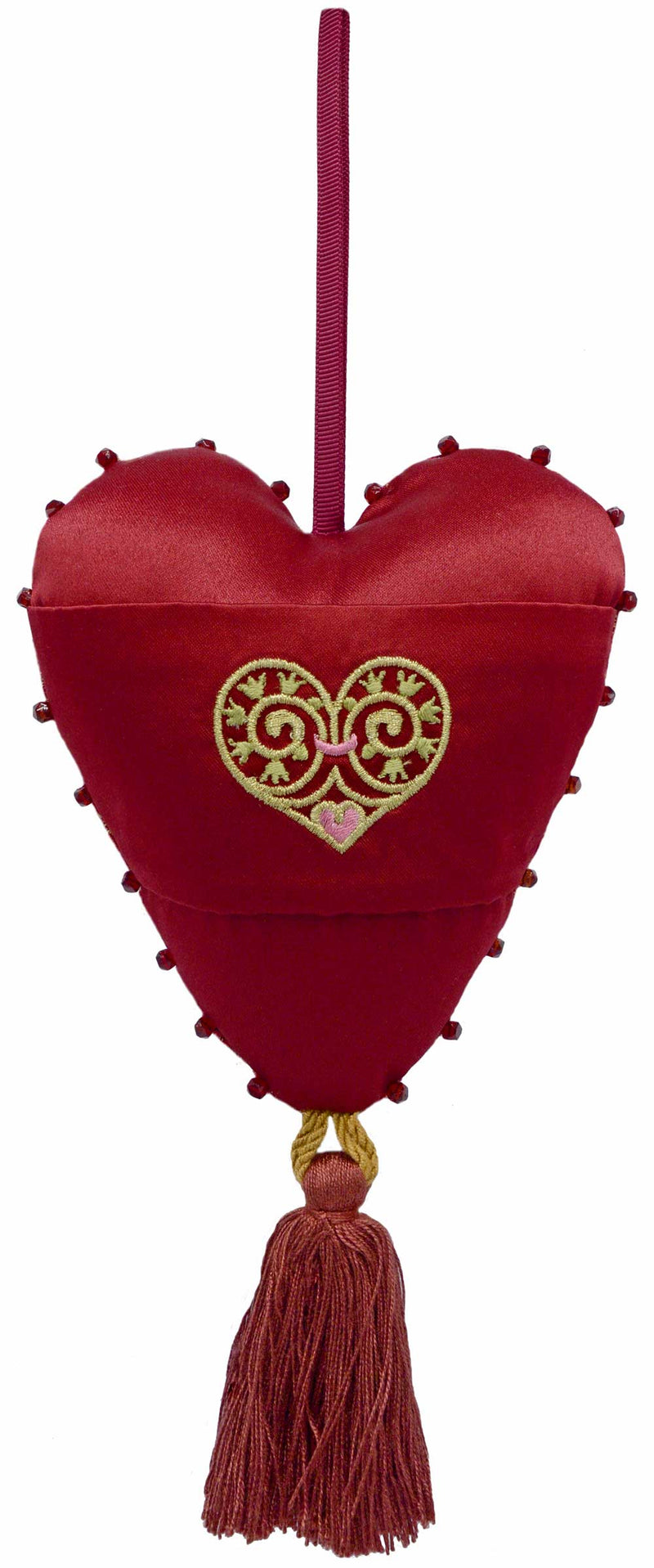 Silk heart charm in antique red brocade with Duchess satin embroidered back