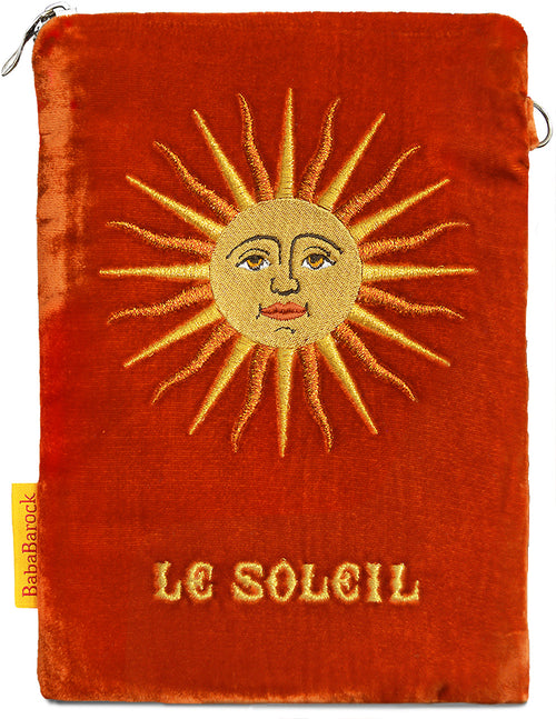 wristlet, silk velvet, embroidery, handmade, tarot bag, Wirth Tarot, le soleil, the sun
