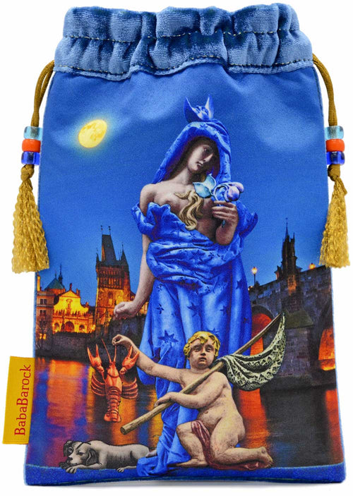 Moon card tarot bag, Tarot of Prague silk velvet pouch, printed tarot pouch
