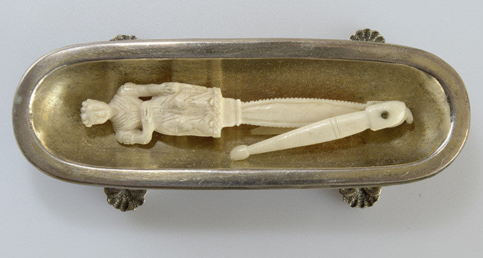 19th century bone toothpick (or bodkin?) in silver dish. Antique, strange piece, from a Czech castle estate. Possibly a Dieppe carving. - Baba Store - 1