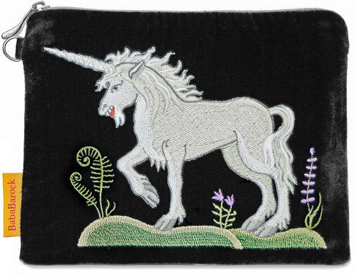unicorn, embroidered unicorn, silk velvet clutch, wristlet,  medieval unicorn, wristlet, medieval embroidery
