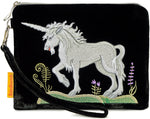 unicorn, embroidered unicorn, silk velvet clutch, wristlet,  medieval unicorn, wristlet bag, tarot pouch, tarot bag, medieval embroidery