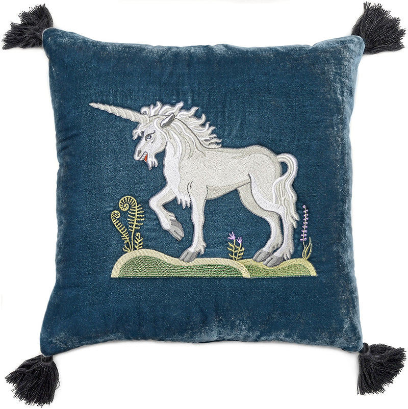 Medieval Unicorn, embroidery on silk Blue teal - Main Image