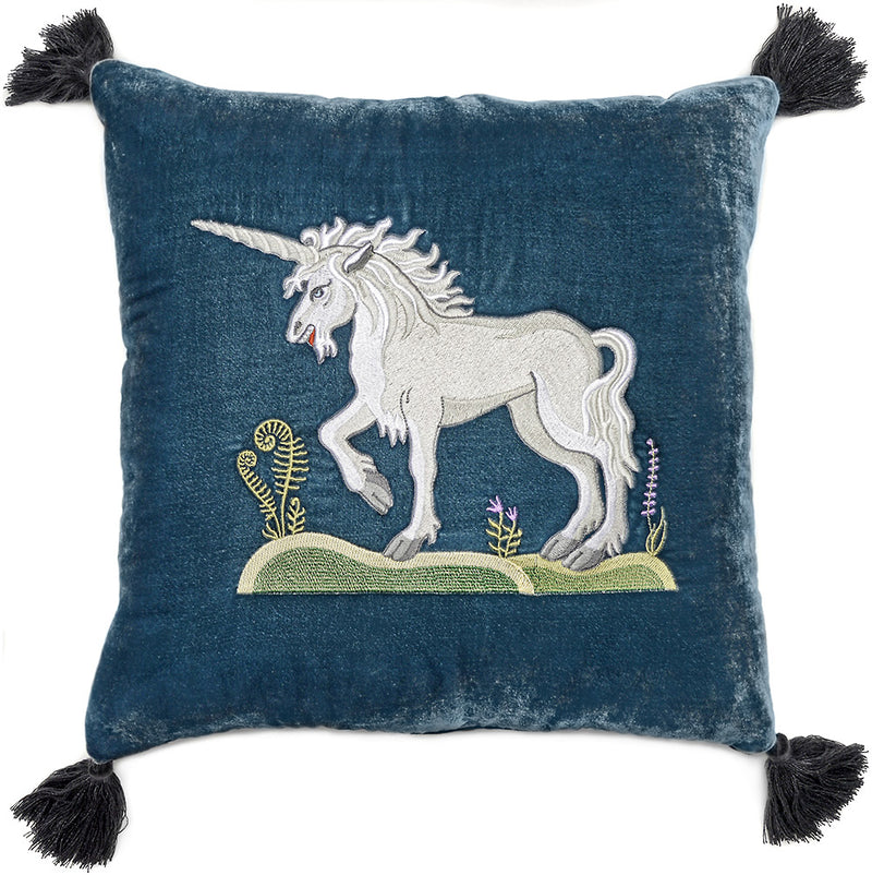 Unicorn, cushion, pillow, silk velvet, embroidered, medieval unicorn, unicorn embroidery