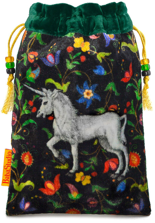 The Unicorn bag. Printed on silk velvet. Forest green velvet version. - Baba Store - 1