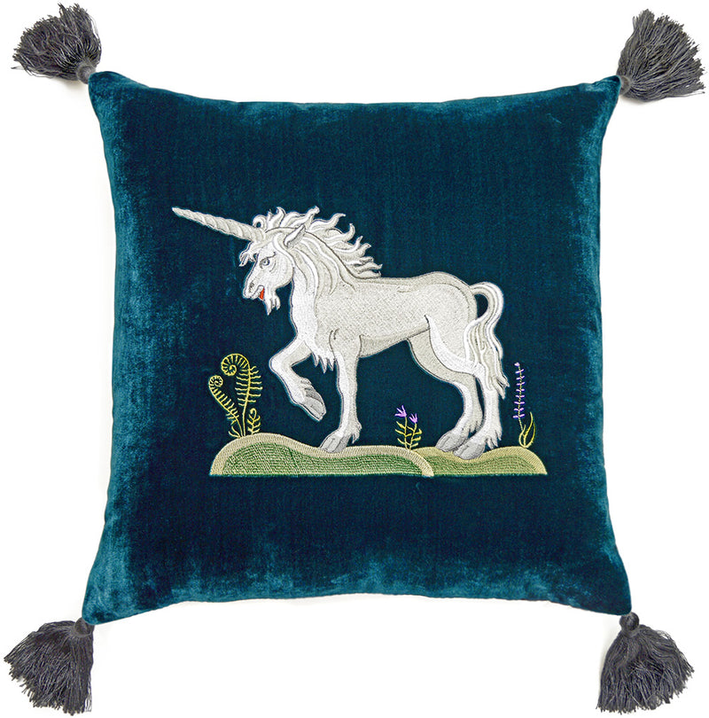 unicorn, embroidered unicorn, silk velvet cushion, embroidered cushion, medieval unicorn, pillow