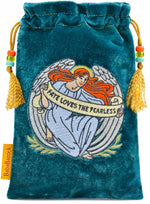 Victorian Romantic Tarot - embroidered drawstring bag in teal silk velvet
