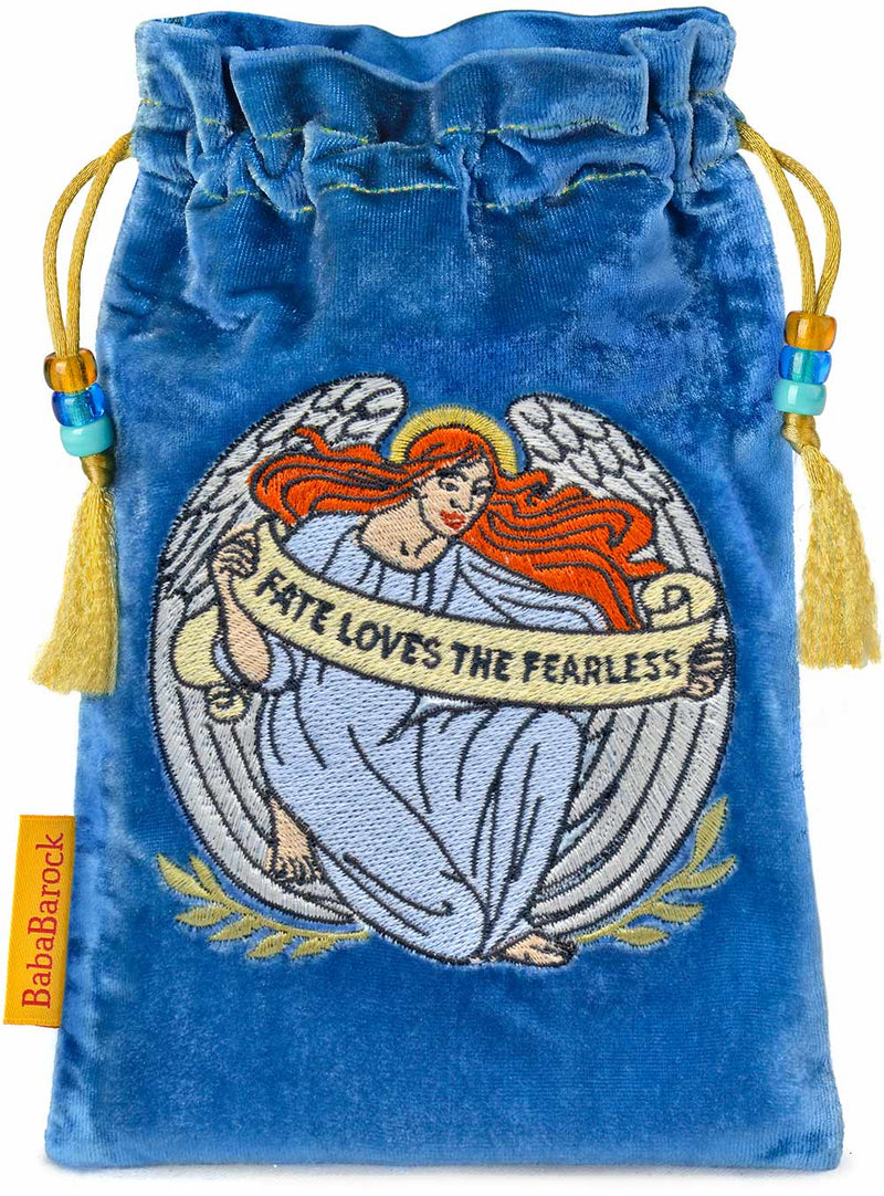 Victorian Romantic Tarot - embroidered drawstring bag in sky-blue silk velvet