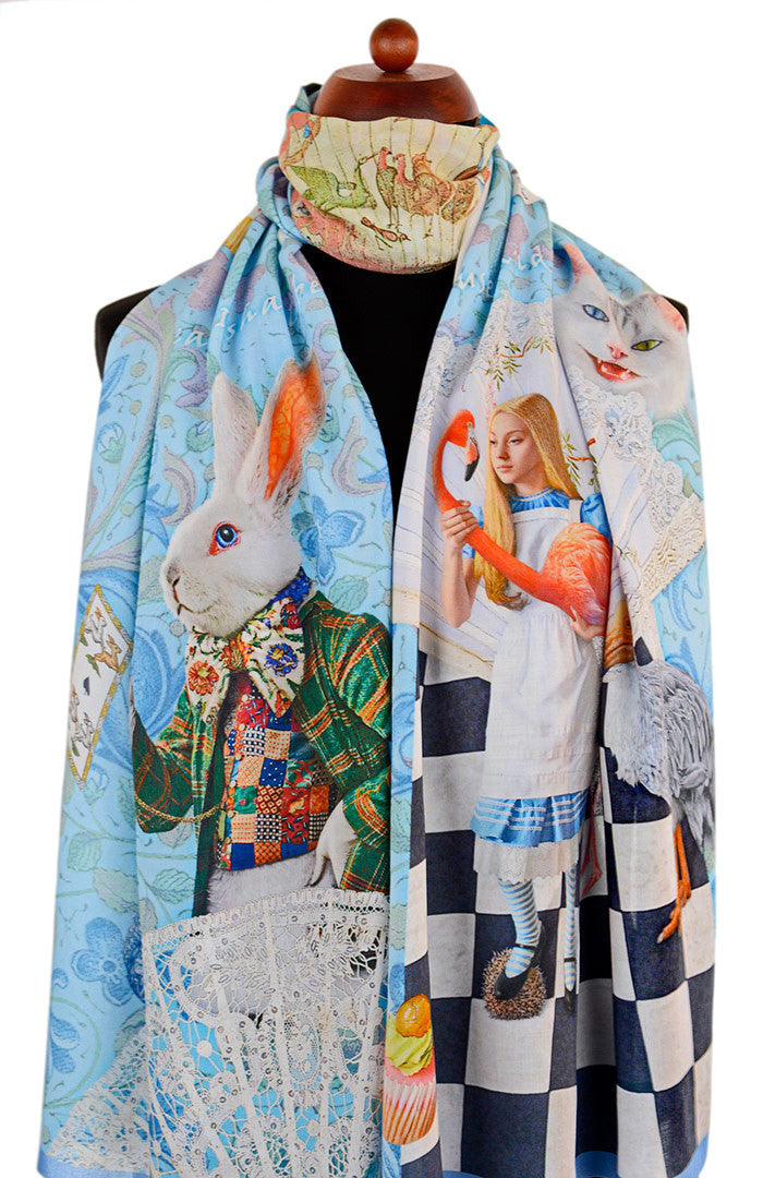 Alice in Wonderland scarf, printed viscose wrap, The White Rabbit in sky blue