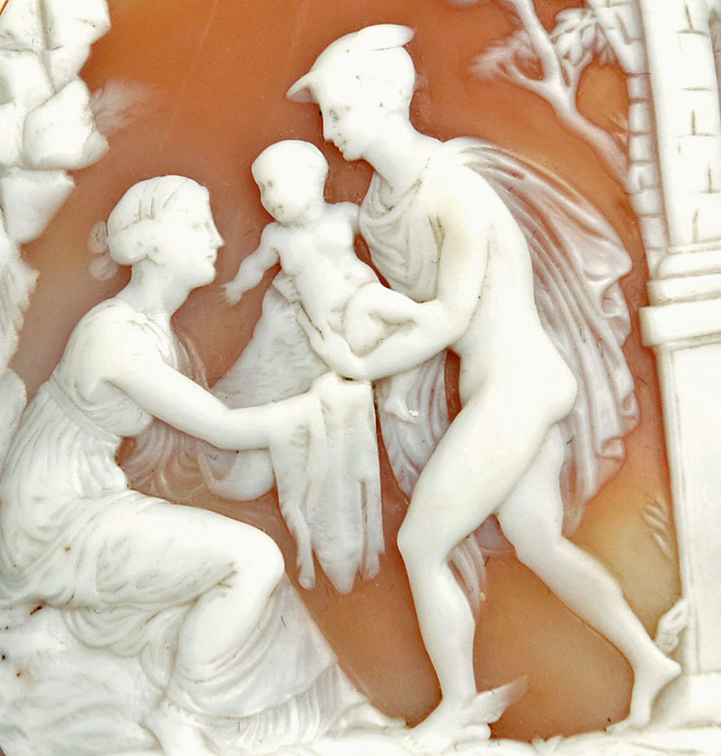 Hermes (Mercury) taking Bacchus to Ino. Victorian carved shell cameo. Museum quality.