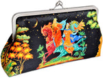 Russian Fairytale, printed satin clutch purse at Baba Store. Baba Yaga, Firebird. Ivan pictures.