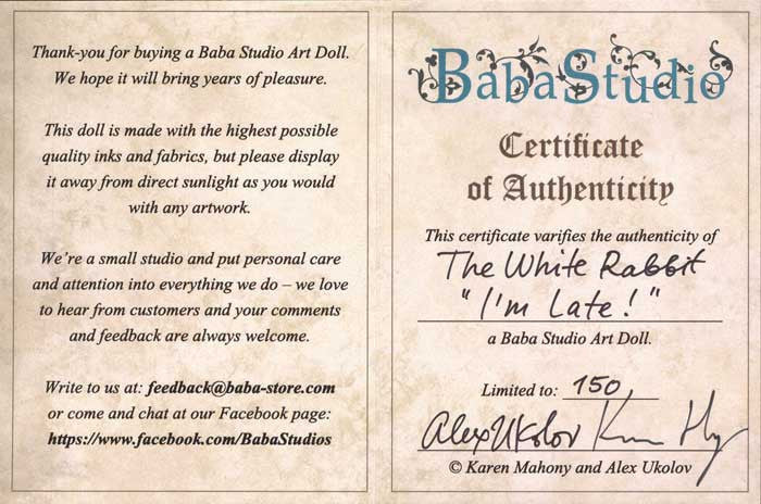 The White Rabbit "I'm late!" art doll, with antique embroidered indigo "Modrotisk" jacket - Baba Store - 4