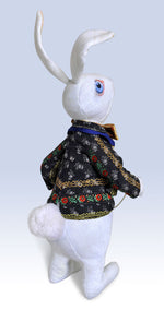 The White Rabbit "I'm late!" art doll, with antique embroidered indigo "Modrotisk" jacket - Baba Store - 2