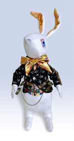 The White Rabbit "I'm late!" art doll, with antique embroidered indigo "Modrotisk" jacket - Baba Store - 3