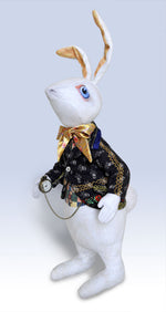 The White Rabbit "I'm late!" art doll, with antique embroidered indigo "Modrotisk" jacket - Baba Store - 1
