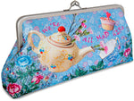 The Tea Party printed bag. Satin clutch purse priinted with Alice, Wonderland, Mad Hatter, March Hare print.
