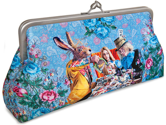 The Tea Party printed clutch purse. Satin bag with Alice, Wonderland, Mad Hatter, March Hare print.