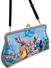The Tea Party, soft blue clutch purse printed with Alice in Wonderland, Mad Hatter print.