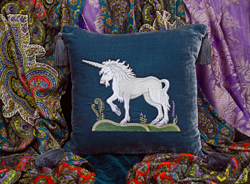 Unicorn, cushion cover, pillow, silk velvet, embroidered, medieval unicorn, unicorn embroidery