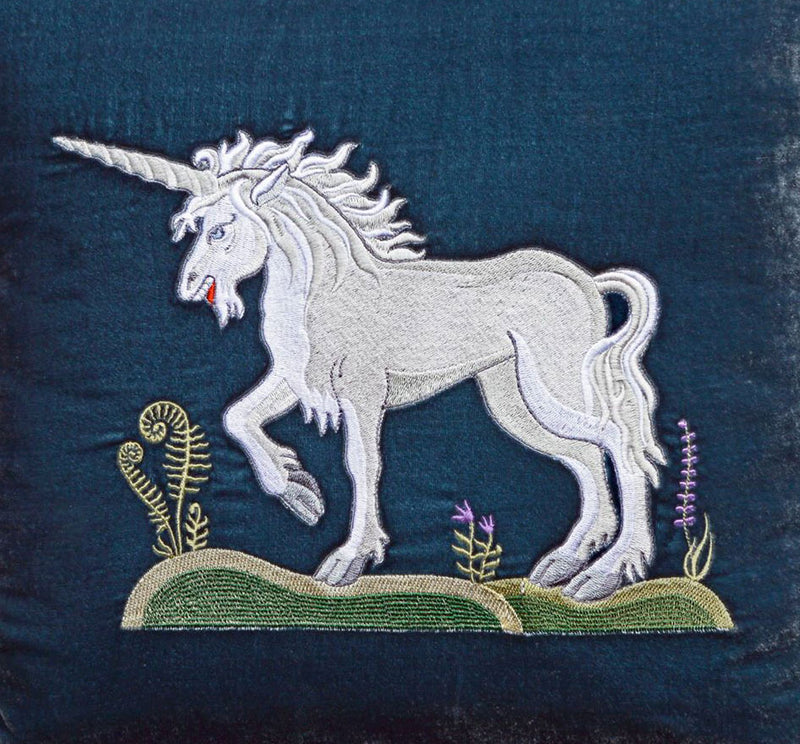 embroidered unicorn, embroidered cushion, pillow, silk velvet, embroidered, medieval unicorn, unicorn embroidery